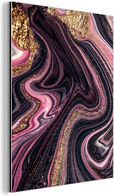 Wanddecoratie Metaal - Aluminium Schilderij Industrieel - Marmerlook - Roze - Paars - Goud - Luxe - Marmer - 60x80 cm - Dibond - Foto op aluminium - Industriële muurdecoratie - Voor de woonkamer/slaapkamer