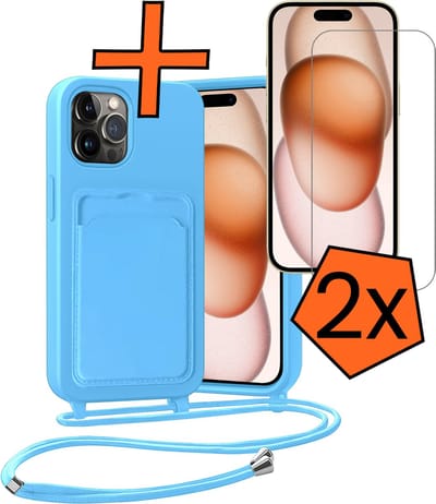 Hoesje Geschikt voor iPhone 14 Pro Max Hoesje Met Telefoonketting Pasjeshouder Case Met 2x Screenprotector Koord - Hoesje Geschikt voor iPhone 14 Pro Max Hoes Met Kaarthouder - Lichtblauw