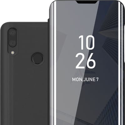 Cadorabo Hoesje geschikt voor Huawei Y7 2019 / Y7 PRIME 2019 in TOERMALIJN ZWART - Clear View Spiegel Beschermende Case met Tribunefunctie 360 Graden Bescherming Book Case Cover Etui