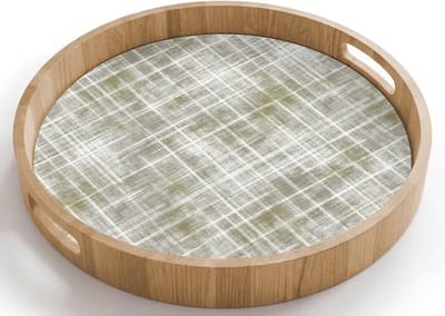 Dienblad rond 40x40 cm - Schootdienblad hout - Linnen - Patroon - Groen - Borrelplank rechthoek - Plateau houten dienbladen