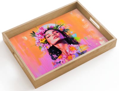 Dienblad hout 40x30 cm - Schootdienblad - Portret - Bloemenkroon - Vrouw - Borrelplank rechthoek - Plateau dienbladen
