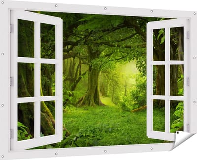 Gards Tuinposter Doorkijk Groene Tropische Jungle Bos - 180x120 cm - Tuindoek - Tuindecoratie - Wanddecoratie buiten - Tuinschilderij