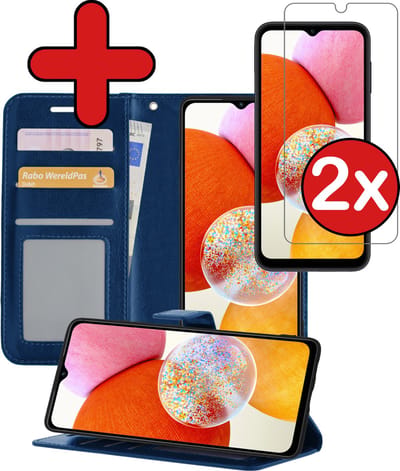 Hoesje - Met 2x Screenprotector - Geschikt voor Samsung Galaxy A14 - Luxe Pasjeshouder - Flip Case - Bookcase Portemonee - Kunstleer Book Case - Flipcase Hoes - Book Cover - Walletcase - Portemonneehoes - Telefoonhoes - Donkerblauw