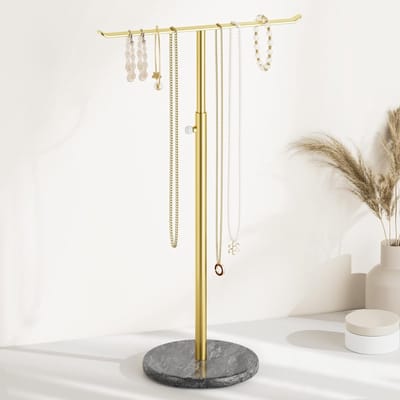 Verstelbare sieradenstandaard voor kettingen, gouden metalen organizer voor lange kettingen, stevige marmeren basis, ideaal voor sieradenopslag en sweaterkettingen, 25 tot 45 cm uitbreidbaar