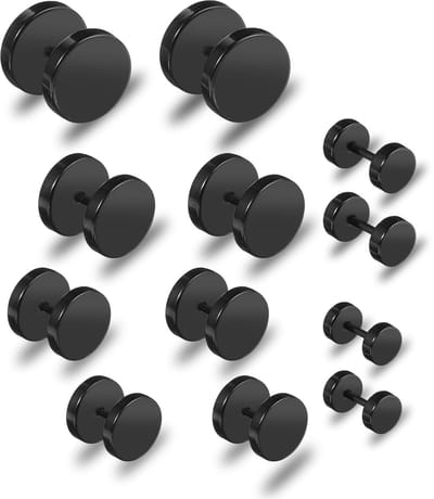 6 paar zwarte oorknopjes voor mannen en vrouwen, faux meters, hypoallergeen, 4-10 mm oortunnel, roestvrij stalen stippen, voor mannen en vrouwen