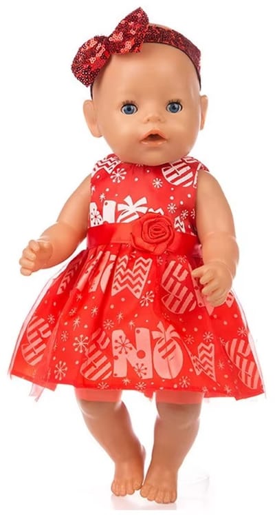 Kerstoutfit voor de pop - Jurk met letters 'Snow' en glitterhaarband - Poppenkleertjes voor Pop 43 cm - Geschikt voor o.a. Baby Born - Kerstjurk