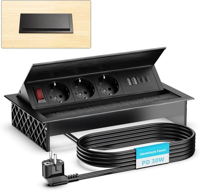 Inbouw Stopcontact 3-weg met 2 USB-C PD 30W en 2 USB-A Poorten, 1.8m Kabel, Zwart