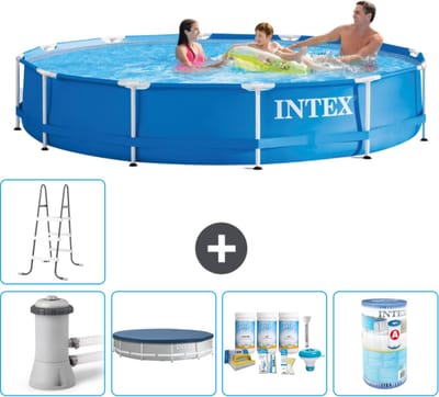 Intex Rond Frame Zwembad - 366 x 76 cm - Blauw - Inclusief Pomp - Afdekzeil - Onderhoudspakket - Filter - Ladder - Voetenbad - 7-delig