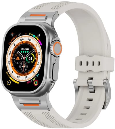 Stravo Robuust Mechanisch Siliconen Sportbandje met Geweven Patroon – Geschikt voor Apple Watch 46mm (Series 11/10), 45mm (Series 7/8/9), 44mm (Series 4/5/6, SE 1/2/3), 49mm (Ultra 1/2/3) – Sportief Siliconen Horlogebandje – Starlight