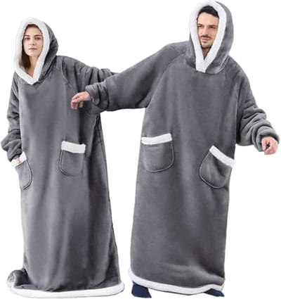Extra lange capuchondeken - Flanellen fleece oversized deken hoodie - met capuchon en zakken - Oversized Cozy Sherpa gevoerde hoodiedeken - Zachte en comfortabele sweatshirtdeken - voor volwassen mannen en vrouwen - Donkergrijs-150cm - 150cm