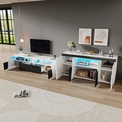 DESMIU Tv Meubel Met Ledverlichting En Hoogglans Front, Wandgemonteerd Voor Woonkamer, Opbergruimte Van Spaanplaat En Mdf, Wit Zwart, 180 X 38,5 X 45 Cm