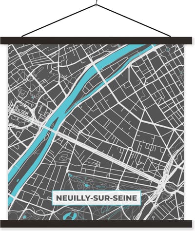 Posterhanger incl. Poster 60x60 cm - Schoolplaat - Plattegrond - Kaart - Frankrijk - Neuilly-sur-Seine - Plattegrond - Textielposter - Zwarte latten - Stadskaart