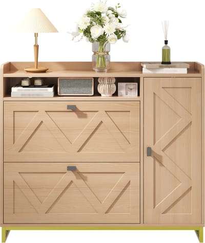 Schoenenkast - Met Dubbele Klep En Zijkast - Metalen Frame - Geometrisch Design - Hout - Wit