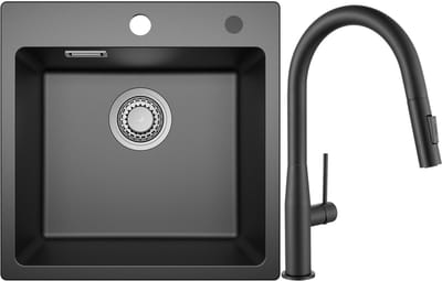 SOFETIY MAX Granieten spoelbakken 45*45cm - Spoelbak Keuken Met Keukenkraan met Uittrekbare Uitloop - Spoelbakken Keuken Met Waterafvoersysteem - Wasbak Keuken Zwart