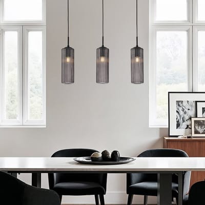 LumenXL Retro hanglamp zwart - geribbeld rookglas, 3-lichts - Giove