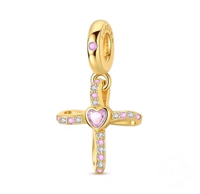 Fler® | Bedel | Past op populaire bedelarmbanden (standaard - 3mm) | Goudkleurig Kruis met Roze Hart Bedel | Hangbedel Charm | 925 sterling zilver | Roze & Transparante Zirkonia | Valentijnsdag Cadeau | Sinterklaas kado | Kerstcadeau | Verjaardag
