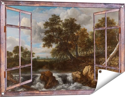 Gards Tuinposter Doorkijk Landschap met Waterval - Jacob van Ruisdael - 90x60 cm - Tuindoek - Tuindecoratie - Wanddecoratie buiten - Tuinschilderij