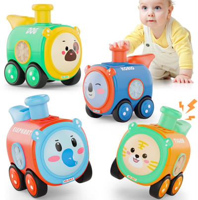 Namajunas - Speelgoed auto - Vanaf 1 jaar jongens en meisjes - 4 stuks Trein baby dierenraceauto - Press-and-go speelgoedvoertuigenset voor peuters 10-12-18 maanden - cadeau voor kinderen van 1 2 3 jaar