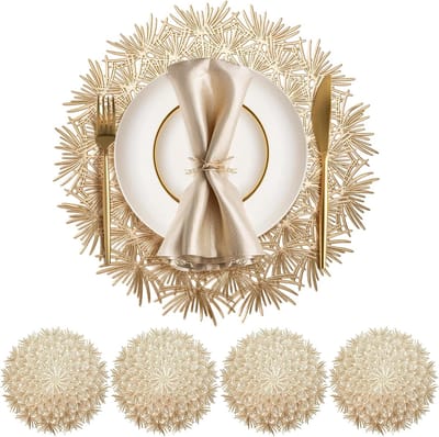 4 stuks -placemat-placemats rond- placemats PVC - ronde place mats hitte bestendig - Wasbaar, hittebestendig, antislip-Tafeldecoratie-Geschikt voor feestjes, keukens en eetkamerdecoratie- Rond-38cm-Goud-Opengewerkt
