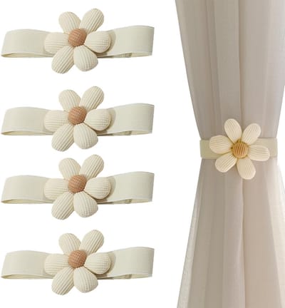Dailygoods- Gordijnhouders Creatief Design - Gordijnhouders met Bloemen - Gordijnbinders - 4 Stuks - Katoen/Polyester Zijde - Totale Lengte 44,5 cm - Gordijnkoorden