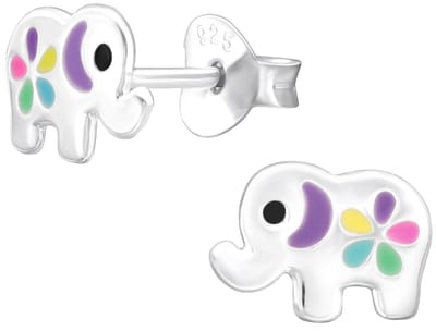 Joy|S - Zilveren olifant oorbellen - met bloem - 8.5 x 6 mm - zilver / multicolor