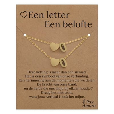 Letter O ketting + armband set op Cadeau Kaartje - Een letter, een belofte - Goudkleurig Stainless Steel - Initiaal & Hartje Hanger - Pax Amare