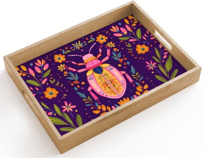 Dienblad hout 40x30 cm - Schootdienblad - Kever - Felgekleurd - Bloemen - Bladeren - Borrelplank rechthoek - Plateau dienbladen