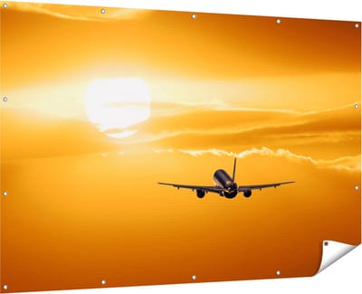 Gards Tuinposter Vliegtuig bij Zonsondergang - 180x120 cm - Tuindoek - Tuindecoratie - Wanddecoratie buiten - Tuinschilderij