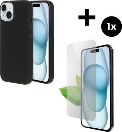 Mobiparts Silicone Cover hoesje geschikt voor Apple iPhone 15 met 1 Screenprotector van Gerecycled Gehard Glas - Zwart