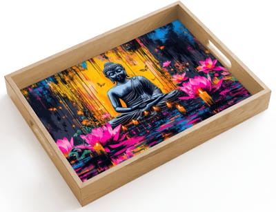 Dienblad hout 40x30 cm - Schootdienblad - Buddha - Bloemen - Kaarsen - Geel - Borrelplank rechthoek - Plateau dienbladen
