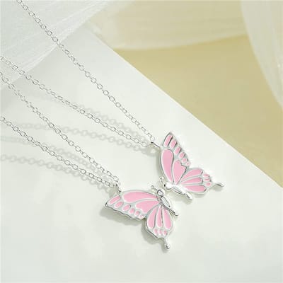 Bixorp Friends BFF Ketting voor 2 met Vlinders - Roze aan Zilverkleurig Koord - Cadeau voor Haar / Dames / Vriendin / Mama / Vrouwen- Best Friends    voor Twee