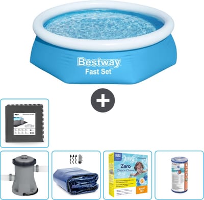 Bestway Rond Opblaasbaar Fast Set Zwembad - 244 x 61 cm - Blauw - Inclusief Pomp Solarzeil - Onderhoudspakket - Filter - Vloertegels