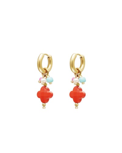 Oorbellen met hanger en kralen, klavertje, rood, kleurrijk | Dangling Clover Earrings - Red | Goudkleur RVS/Stainless Steel