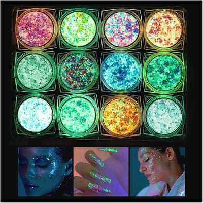 Thijox - Oplichtende Glittergel Set 12 Kleuren - Holografische Lichaamsglitter voor Feest, Dans, Haar en Gezicht - Fluorescerende Pailletten Zonder Li