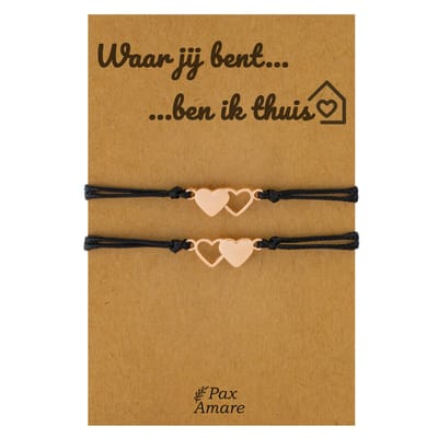 Vriendschapsarmbandjes voor 2 "Waar jij bent ben ik thuis" - Hartjes - BFF Armbandjes met Cadeau Kaartje - Rosé Goud & Zwart - Elastisch Verstelbaar - Pax Amare