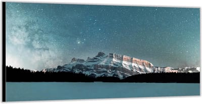 KuijsFotoprint - Schilderij - Berg Onder Aan De Sterrenhemel - Zwart, Wit En Blauw - 100 X 200 Cm