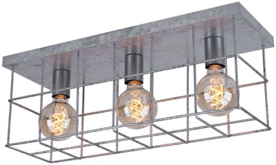 Plafondlamp 3 vlammen woonkamer industriÃ«le spot E27, metalen rooster zinkkleurig, 3x E27 stopcontacten, LxBxH 60x20x25,8 cm