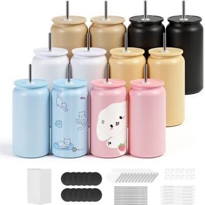 VEVOR Sublimatiebekers 12 stuks (473 ml), meerkleurige roestvrijstalen sublimatie thermosbekers met deksels en rietjes, dubbelwandige geïsoleerde sublimatie drinkflessen voor doe-het-zelf projecten en cadeaus