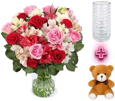 Dailygoods- Bloemenboeket XXL - 30 Stelen Rozen/Inkalilieën - Inclusief Vaas/Teddy - 40-50 cm Lengte - Perfect Cadeau-idee - Handgebonden Kwaliteit - Rozenboeket