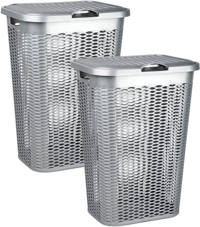 Plasticforte Wasmand Ventilation - 2x - met deksel - zilver - kunststof - 51 liter - 43 x 35 x 61 cm - Badkamer - Wasgoed - Nieuw design - Zeer stevig