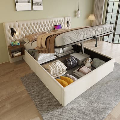 Sweiko Tweepersoonsbed - 160 x 200 cm - 2 nachtkastjes - Leeslampje - USB-oplaadfunctie - Zonder matras - Velvet - Beige