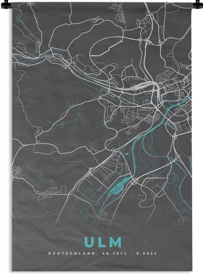 Wandkleed - Wanddoek - Stadskaart – Kaart – Ulm – Blauw – Duitsland – Plattegrond - 120x180 cm - Wandtapijt