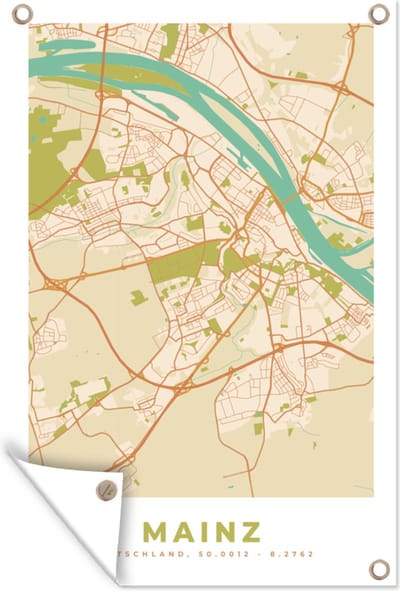 Muurdecoratie Plattegrond - Mainz - Kaart - Vintage - Stadskaart - 120x180 cm - Tuinposter - Tuindoek