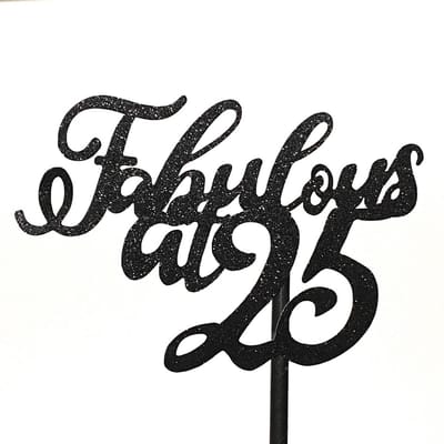 Taartdecoratie taarttopper Fabulous at 25 zwart glitter papier