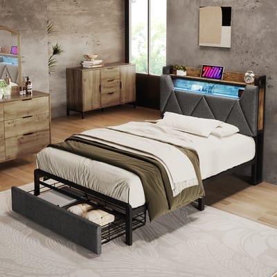 MEUNIQ eenpersoonsbed 90 x 200 cm met opbergkopstuk, LED-verlichting, USB en Type-C, bedlade, lattenbodem en metalen frame, grijs