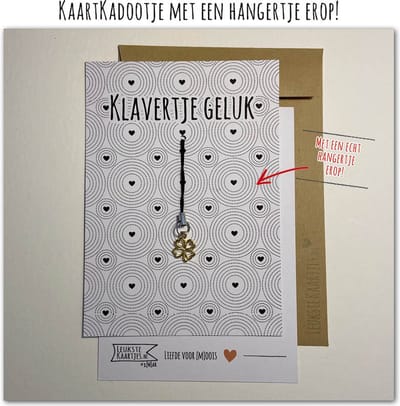 Kaartkadootje -> Hangertje Klavertje - No:03 (Klavertje Geluk - Hartjes cirkels - Goudkleurig klavertje vier) - LeuksteKaartjes.nl by xMar