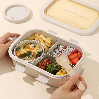 VHV - Lunchbox - Broodtrommel - Luchtdichte Lunchbox met 4 Vakken & Soepkom - 1350ml - Lunchset met Bestek - Lekvrije Voedselcontainer voor Magnetron - 22.8x16.5x7 cm