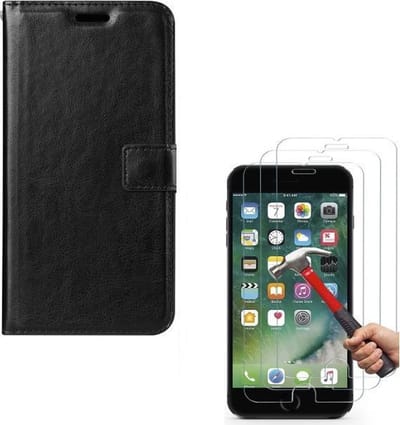 hoesje Geschikt voor: iPhone 6 / iPhone 6S Portemonnee zwart met 2 stuks Glas Screen protector