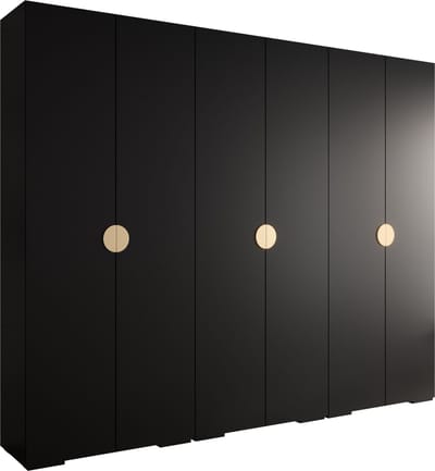 Opbergkast Kledingkast met 6 draaideuren Garderobekast slaapkamerkast Kledingstang met planken | Gouden Handgrepen, elegante kledingkast, glamoureuze stijl (LxHxP): 300x237x47 cm - IVONA 4 (Zwart, 300 cm)