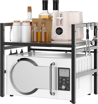 Verstelbare Magnetronrek - 2-laags Keuken Opbergrek met Haken - Zwart Metaal - Ruimtebesparend voor Magnetron, Oven en Kruiden